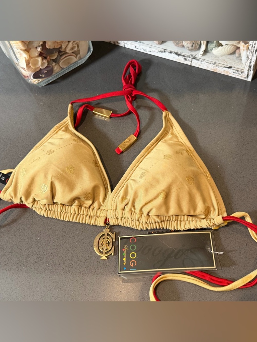COOGI NWT's Bikini Top in Khaki‎ With Dangling Hardware & Multicolor Straps Sz M